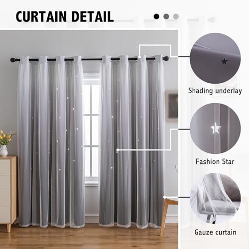 Image of indistar Colourful Stripe Star Cut-Out Blackout Curtains for Bedroom,2 Layers Mix Design of Fabric & Tulle,Pretty Window Curtain for Kids Room 1 Panel (W52 x L63 Dark Grey)