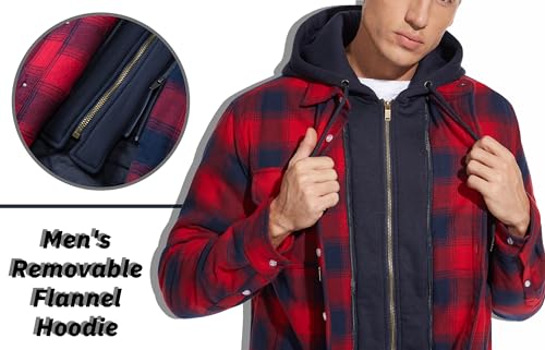 TACVASEN Men's Flannel Shirt Jacket Removable Hooded Quilted Lined Plaid Button Down Shirts Zipper Jacket4