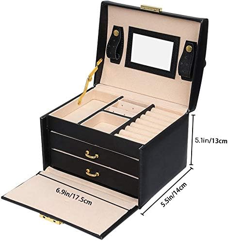 Meerveil Jewellery Box, Jewellery Oganiser, 3 Layers PU Leather Jewelry Storage Box with Mirror and Lock, for Girls and Women,Black