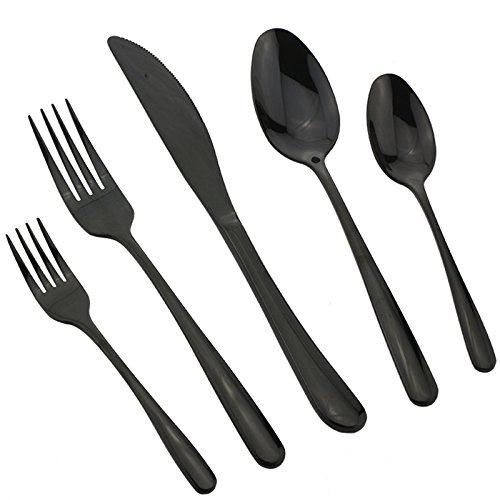 Silverware Set, DEALIGHT Flatware Set, 5-Piece Heavy-Duty Cutlery, Black 18/10 Stainless Steel Eating
