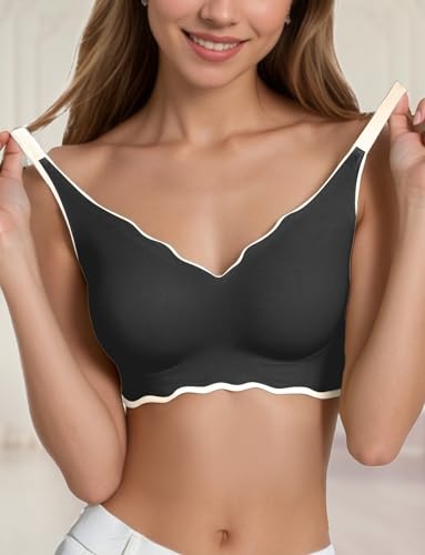 SEAUR Soft Padded Bras for Girls & Teens 12-18 Wavy V Neck Support Wireless Seamless Small Breasted Women Everyday Bra M-2XL2