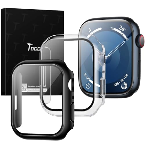 TOCOL 2 Pack Screen Protector for Apple Watch 41mm Apple Watch Series 9/8/7 Case with Built-in Tempered Glass HD Clear Military-Grade Shockproof Easy Installation for iWatch 41mm - Black+Clear