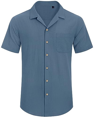 Image of Alimens & Gentle Mens Linen Shirts Cotton Hawaiian Shirts Short Sleeve Button Down Shirts Casual Summer Beach Tops