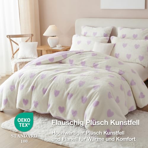 Sacebeleu Kissenbezug 40x80cm 2er Set Plüsch Biber Flanell Flauschig Lila Weiß Herzen Zierkissenbezug Kissenhülle Doppelpack Winter… – Ansicht 2