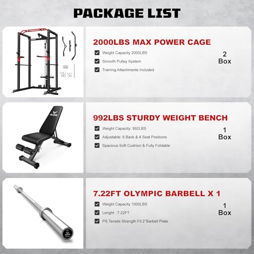 Image of JELENS S11 Power Cage, 2000LB Multi-Function Power Rack with LAT Pulldown, Squat Rack with Adjustable Pulley System and Training Attachments, Weight Rack for Home Gym