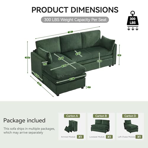 Image of 85 inch Sectional Couches with Left Chaise, Comfy Deep Dual-Layer Cushion Couch, 4 Seater L Shaped Couch, Modern Modular Sofa, Corduroy Sofas for Living Room, Apartment, Green