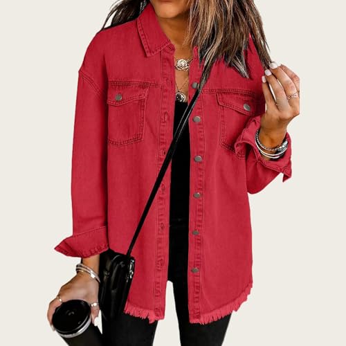 Jean Jackets for Women Oversized Button Up Frayed Hem Shacket Casual Long Sleeve Denim Jean Jackets Coat with Pockets2