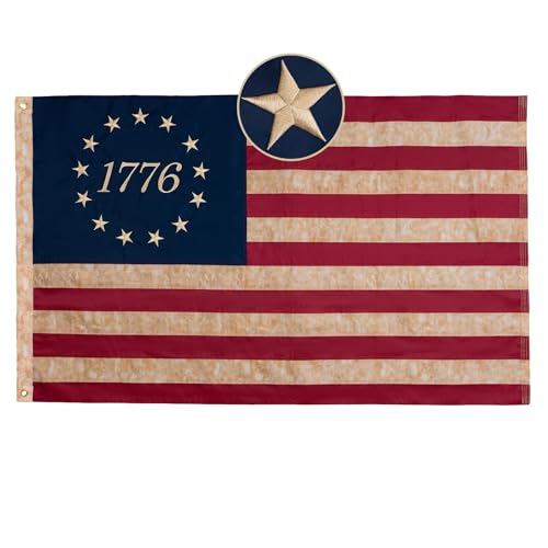 TOPFLAGS 1776 Betsy Ross Flag 3x5 Feet Tea Stained Heavy Duty Outdoor Embroidered 13 Stars American Flags for 250 Anniversary USA Colonies Banner