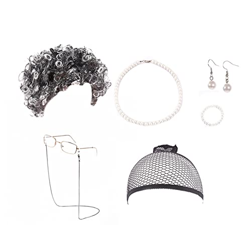 Bagmrteho Casual Old Lady Wig Granny Cosplay Wig Old Lady Costume For Women Grandma Wig Cap Glasses Chain Pearl hair wigs 13x6 (Black, One Size) -  Zgn3HjeGt