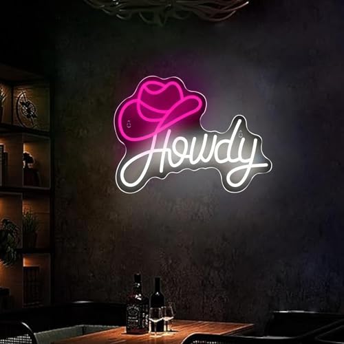 Image of Howdy Neon Sign with Cowboy Hat, Pink and White LED Neon Light for Wall Decor, Dimmable Western Neon Signs for Bachelorette Party, Nashville Decor, Cowgirl Bedroom, Bar, Dorm Art (12.7 inch x 13.1 inch)