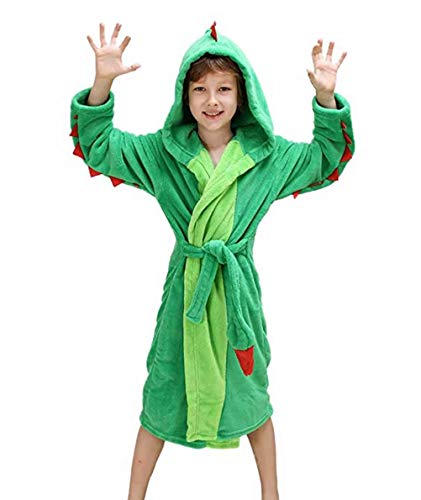 Boys Girls Flannel Hoody Bathrobe Animal Cartoon Pajamas Cosplay Plush Robe Light Green Dinosaur S/Height:43-51