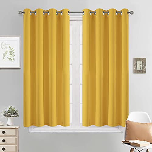 Yakamok 45 Inch Length Blackout Curtains for Bedroom, Room Darkening Thermal Insulated Grommet top Window Drapes for Living Room, 52 x 45 Inch, Mustard Yellow, Set of 2