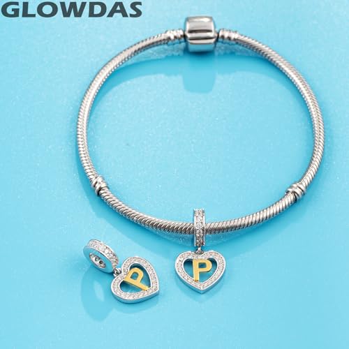 Image of GLOWDAS 18K Gold Plated Letter Charms Initial A to Z Necklace Pendant, 925 Sterling Silver CZ Heart Dangle Alphabet Beads fit European DIY Bracelet, Gifts for Valentiens /Christmas /Family
