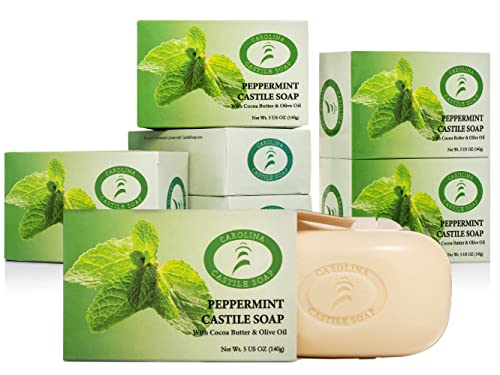 Carolina Castile Soap Vegan Peppermint Castile Bar Soap – 6 Bars Of Natural Soap For Men, Women, And Kids – Gentle, Hydrating Castile Soap Bars With Organic Cocoa Butter And Olive Oil, 5 Oz. Each #TOP30