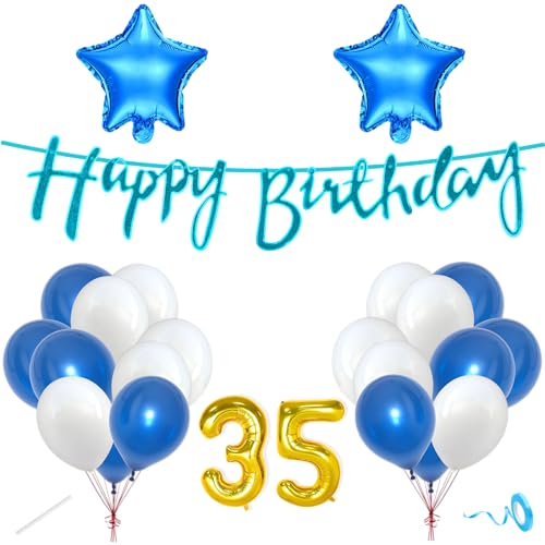 Image of Flyloons 35th Happy Birthday Decoration Kit Blue White for Boys Girls Men Women Adults With 20 Pcs Metallic Balloons Birthday Banner 2 Pcs Star Items Set