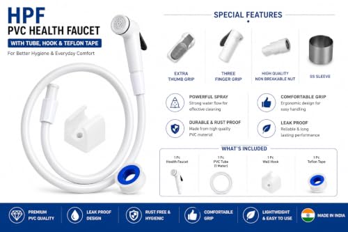 Image of HPF PVC Flexible Health Faucet Set with Gun, Pipe, Hook - Bathroom (Toilet Spray Gun) Accessories (Standard Size, White) with Free 1 Leak Proof Teflon Tape, Tube Length 1 Meter