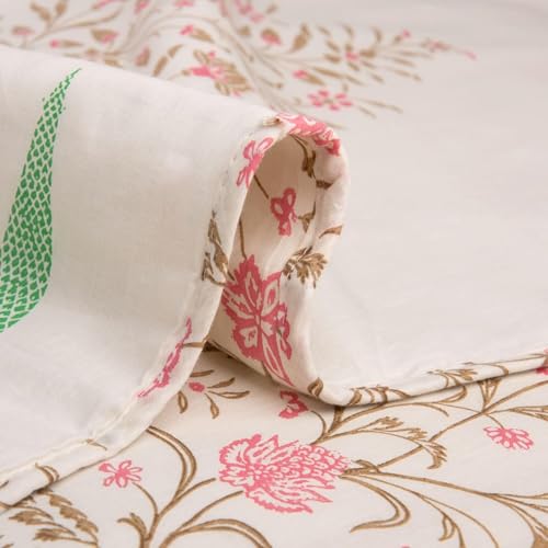 Image of HUESLAND 100% Cotton Reversible Dohar Single Bed Cotton | Soft Cambric Weave, Lightweight AC Blanket for Summer & All Weather Use | 56 x 89 inches, Botanical Fusion - Ivory, Brown & Pink