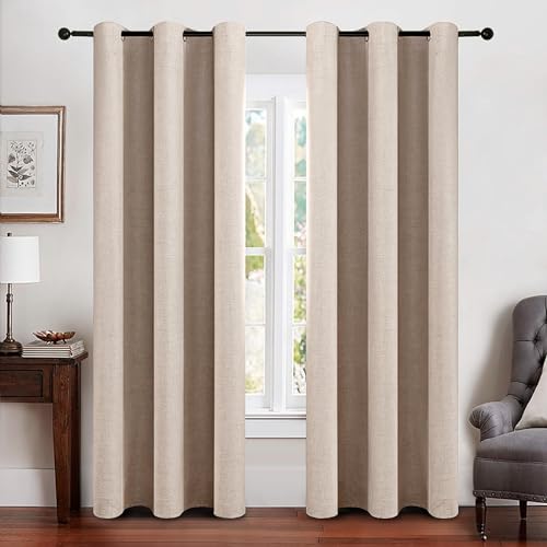 Image of MIULEE Linen Texture Curtains Soild 100% Blackout Thermal Insulated Natural Beige Grommet Room Darkening Curtains & Drapes for Living Room Bedroom 42 x 90 (2 Panels)