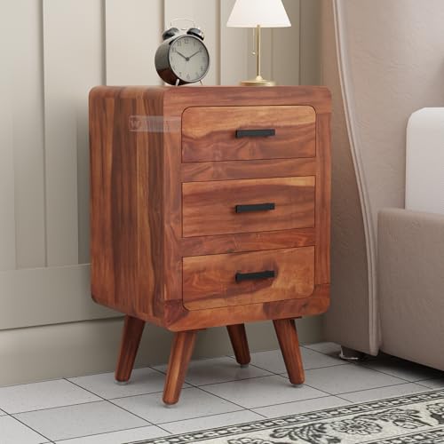 Image of DRIFTINGWOODb Alicia Solid Wood Bedside Table | Wooden Bed Side Tables with Drawers | Nightstand Side Table for Bedroom | Nigh Stand End Table with 3 Drawers Storage for Home | Honey Finish