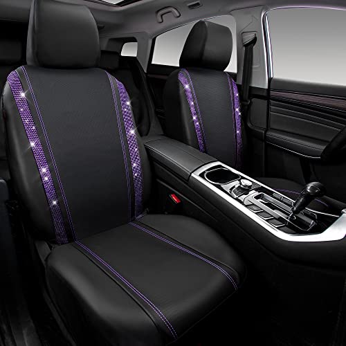 Image of CAR PASS Leather Diamond Bling Car Seat Cover 2 Front Interior Sets, Waterproof Universal Shining Glitter Crystal Sparkle Fit for 95% Automotive Truck SUV Cute Women Girl, Black Purple Rhinestone
