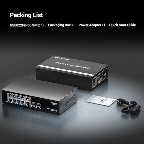 Image of 12 Port Gigabit PoE Switch Unmanaged with 8 Port IEEE802.3af /at PoE+@120W, 2 x 1000Mbps Uplink + 2 x 1G SFP, NICGIGA 8 Port Network Power Over Ethernet Switch.