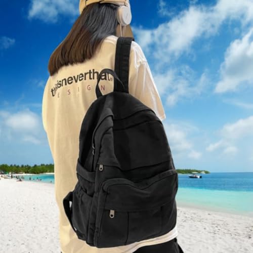 Image of Black Canvas Backpack for Women & Men Retro Aesthetic Rucksack Basic Backpack for High School /College Students Travel Laptop Bag