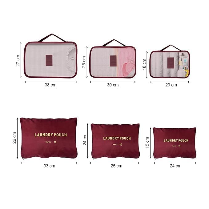 Image of Travel Organizer Pouch Set of 6, Space Saver Packing Cubes for Suitcase, Clothes, Underwear, Socks and Shoes (MAROON)
