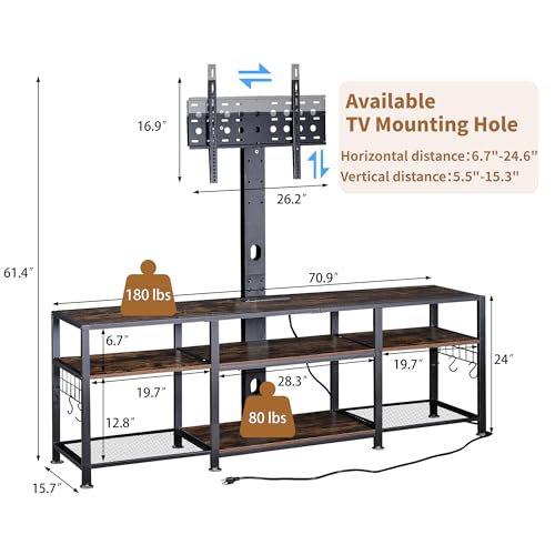 Image of VECELO TV Stand with Mount and Power Outlet, Height Adjustable Entertainment Center with Storage Shelves for 55 /65 /70 /75 /80 inches Televisions, Console Table for Living Room, Bedroom, Rustic Brown