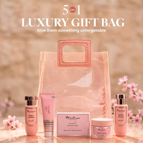Image of Mintree Peach 5 in 1 Bath and Body Care Gift Hamper with Body Wash, Lotion, Scrub, Bathing Bar and Hand Cream for Women | All Skin Types | Suitable for Birthdays, Anniversaries and Special Occasions