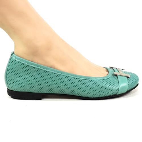 Women's Perforated Leather Ballet Flats, Mint Green, Comfort Loafers with Metal H Buckle, Made in Italy.4