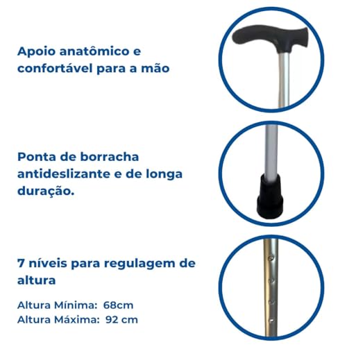 Bengala Idoso - Regulagem De Altura - Leve Prata - Suporta 100 Kg