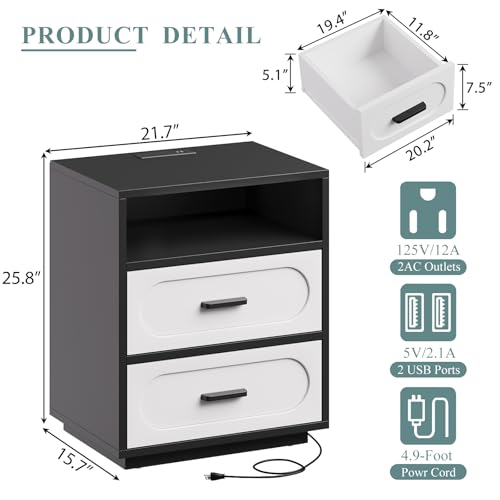 Image of 3 Pieces Bedroom Set, Queen Size Bed Frame with Storage Headboard, 2 Nightstands with Charging Station, Black