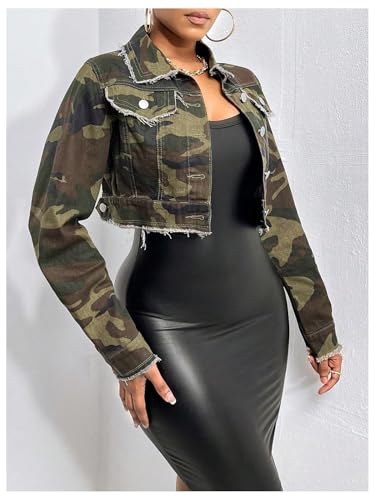 WDIRARA Women's Camo Print Button Down Crop Denim Jacket Long Sleeve Frayed Hem Jean Coat4