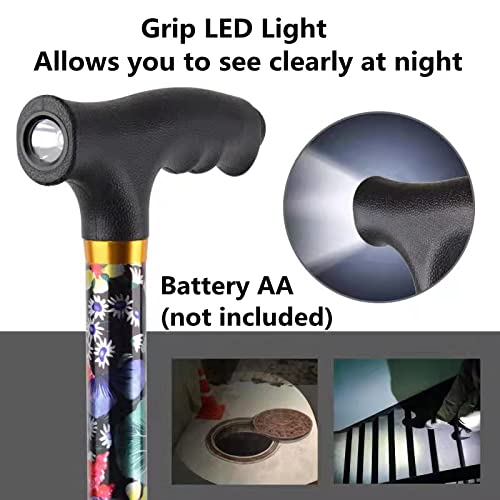 Walking Cane YOKABOZE Folding Walking Cane with LED Light for Men & Women, Foldable Adjustable Lightweight Walking Stick Balancing Mobility Aid Cane (Colorful Flowers)