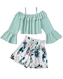 YOURUIKEY Cute Clothes for Girls Summer Outfit Kid Halter Long Sleeve Cold Shoulder Green Crop Top Shorts Set Size 8 9