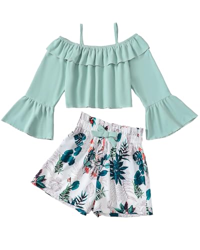 YOURUIKEY Cute Clothes for Girls Summer Outfit Kid Halter Long Sleeve Cold Shoulder Green Crop Top Shorts Set Size 8 9