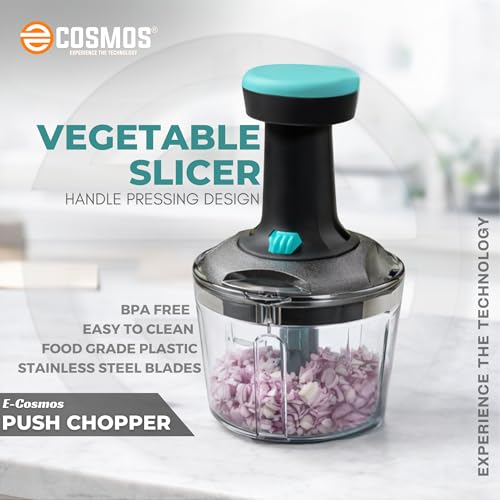 Image of E-COSMOS Manual Food Chopper, 900ml Hand-Press Vegetable Cutter & Mixer with 4 Stainless Steel Blades, Ideal for Onions, Salads, and Potatoes, Ocean Blue (Ocean Blue)