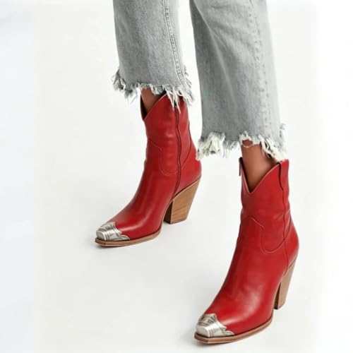 Image of keleimusi Women's Western Cowgirl Ankle Boots Stacked Block Heel Cowboy Booties Steel Toe Heeled Short Cowboy Boots Western Booties
