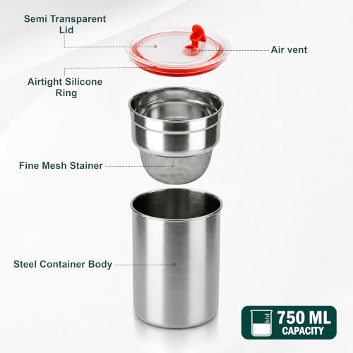 Image of JD Fresh Stainless Steel Greek Yogurt and Hung Curd Maker /Airtight Storage Container with Multipurpose Food & Oil Strainer /BPA Free Fine Mesh Stainer for Thik Homemade Curd,Panner & More (750 ML)