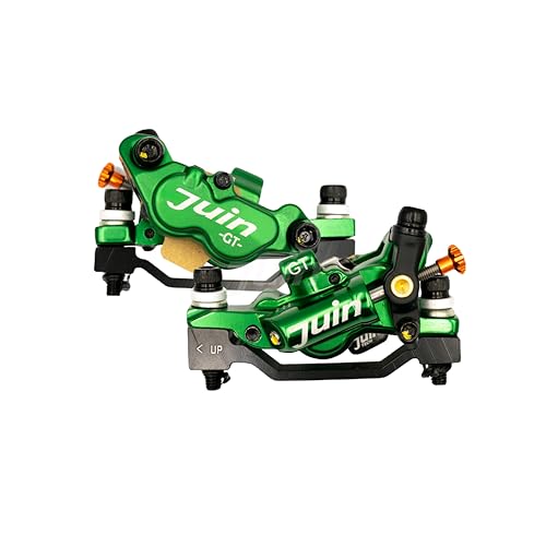 Juin JuinTECH GTP-4 4-Piston Hybrid Hydraulic Disc Brake Calipers – Front & Rear Set (2 Calipers, No Rotor), Post Mount/ISO, Cable-Actuated for Mechanical Road Levers (Green)