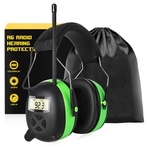 BJKing AM/FM Radio Headphones with Digital Display, 30dB AM FM Hearing Protection Safety Ear Muff, Ear Protection Headphone for Mowing, Landscaping, Shooting and Construction Black-Green