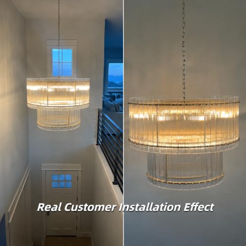 Image of 37 inch Modern Gold Round Chandelier,2-Tier 8-Light Water Ripple Crystal Glass Chandeliers,for Dining Room,Living Room,Bedroom,High Ceiling,Foyer Entryway,Luxury Chandelier