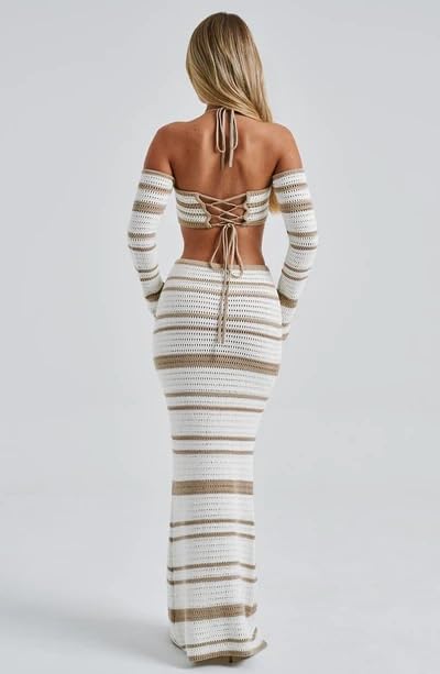Set Gonna da Donna in Maglia all'Uncinetto in 2 Pezzi Top in Maglia con Volant Gonna Lunga Aderente a Righe Copricostume da Spiaggia Streetwear(Brown,L)