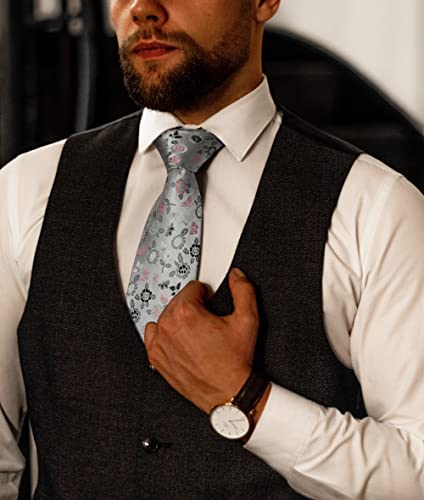 Image of HISDERN Men Floral Ties Woven Classic 3.4 inch Necktie Set Formal Tie Pocket Square for Wedding with Handkerchief Gift Box