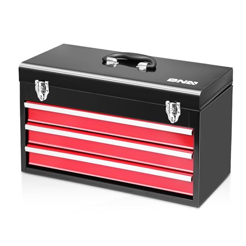 DNA MOTORING 20 Inch Steel Portable Tool Box - 3 Drawer+Top Storage Toolbox with Lockable Metal Latches for Household Workshop Repair Shop, Red/Black, TOOLS-00407