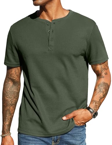 COOFANDY Men's Waffle Henley Short Sleeve Textured T Shirt Casual Button Tee Shirts Heavyweight Henley Summer Top