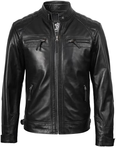 fjackets Real Lambskin Mens Leather Jackets - Quilted Cafe Racer Zip Up Moto Style Leather Jacket Men