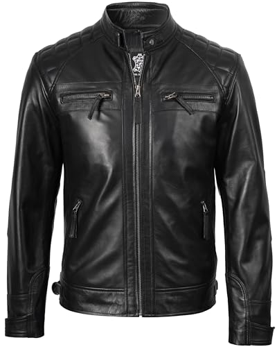 fjackets Real Lambskin Mens Leather Jackets - Quilted Cafe Racer Zip Up Moto Style Leather Jacket Men