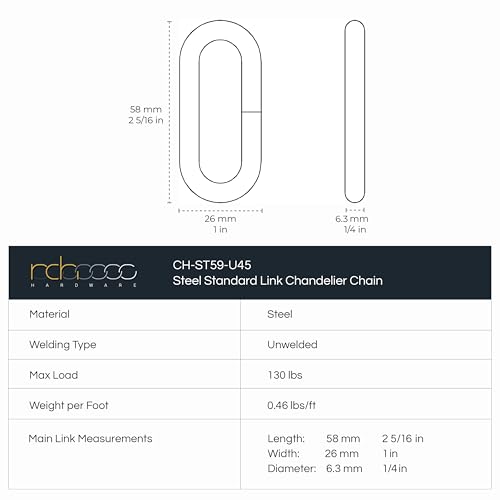 Image of RCH Hardware CH-ST59-U58-PB Steel Chandelier Chain 3 Gauge, Polished Brass (1 Foot)