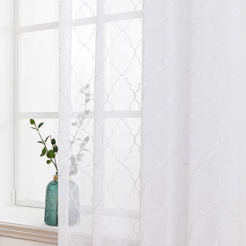 MIULEE 2 Panels Embroidered Sheer Window Design Grommet Curtains Window Moroccan Style Voile Panels Drape Treatment for Bedroom Living Room 55" Wx85 L Morocco White - Image 4